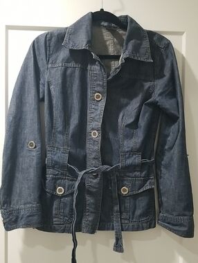 French Cuff Dark Blue Denim Jacket with Waist Tie